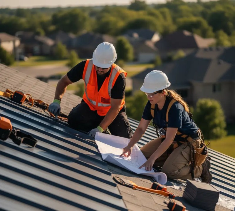 AST crew reviewing plans on a metal roof