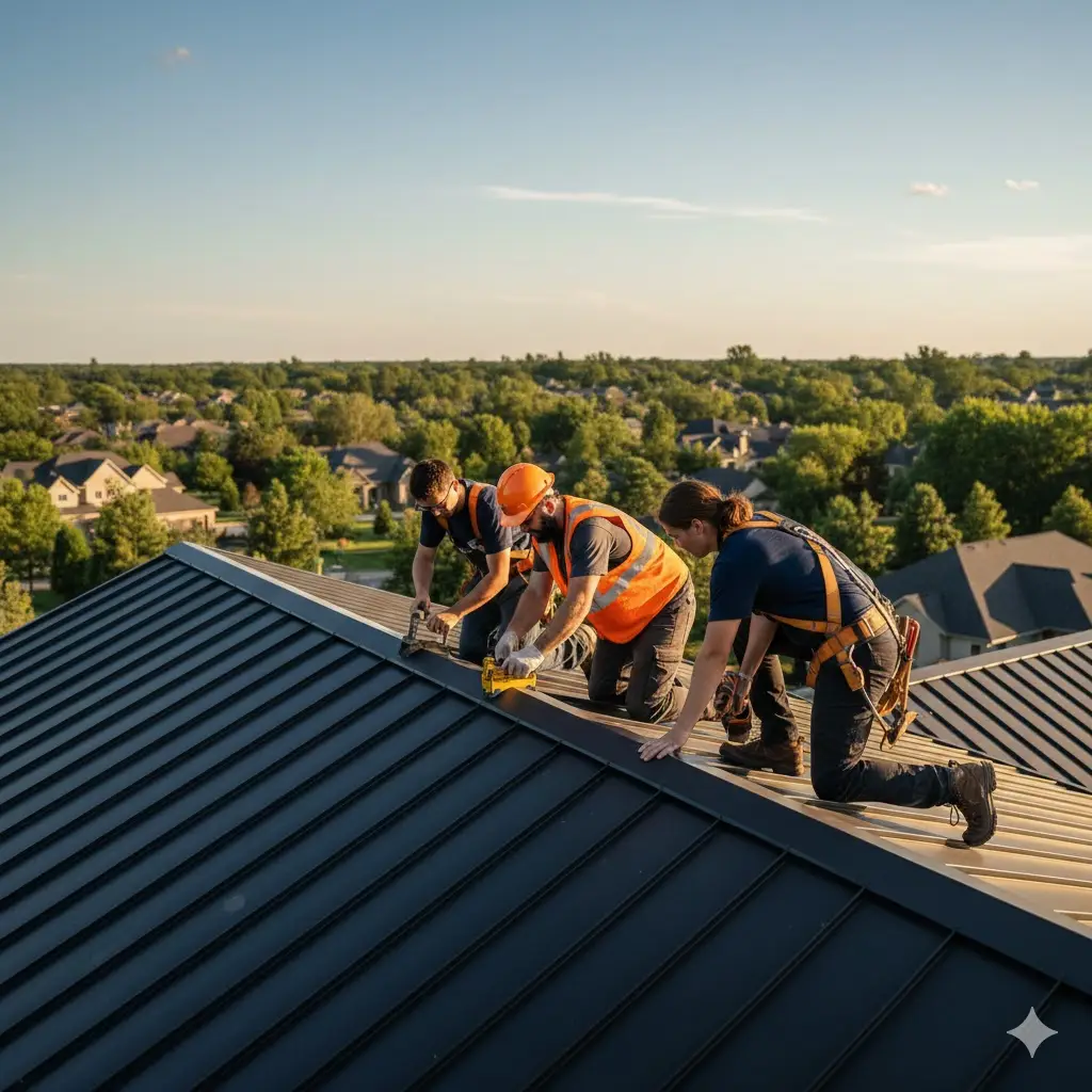 Roofing crew installing a standing-seam roof