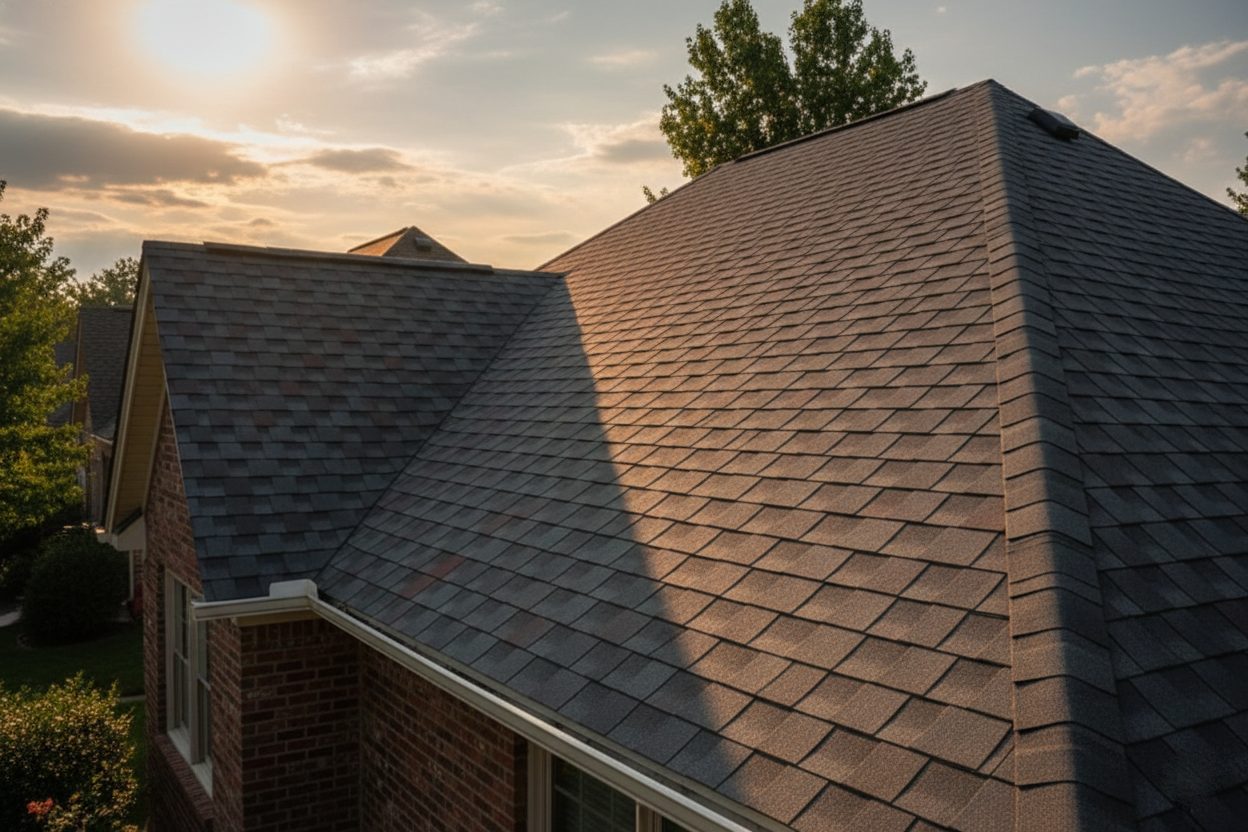 Newly installed shingle roof at sunset